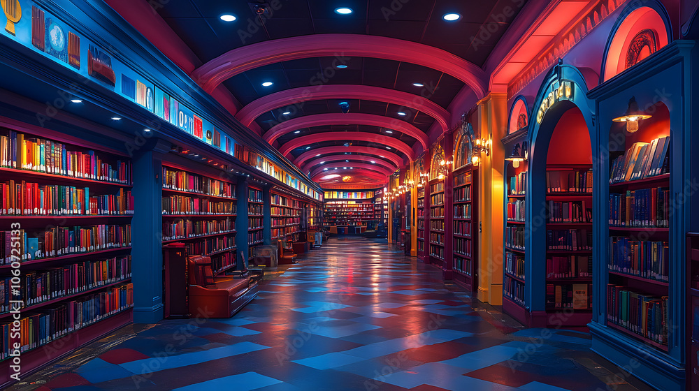A Brightly Colored Library with Rows of Bookshelves Filled with Diverse Books
A Brightly Colored Library with Rows of Bookshelves Filled with Diverse Books