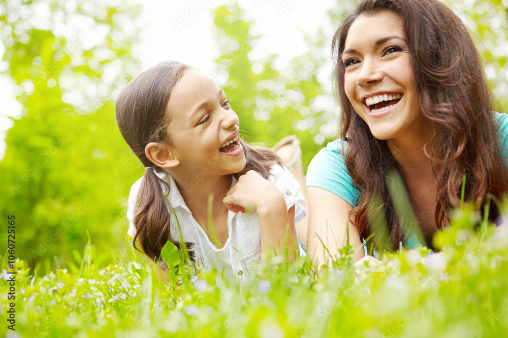 Mother, girl and relax on grass, conversation and outdoor for family bonding on vacation. Mama, support daughter and countryside trip for love on weekend, laughing and lying together on holiday Mother, girl and relax on grass, conversation and outdoor for family bonding on vacation. Mama, support daughter and countryside trip for love on weekend, laughing and lying together on holiday