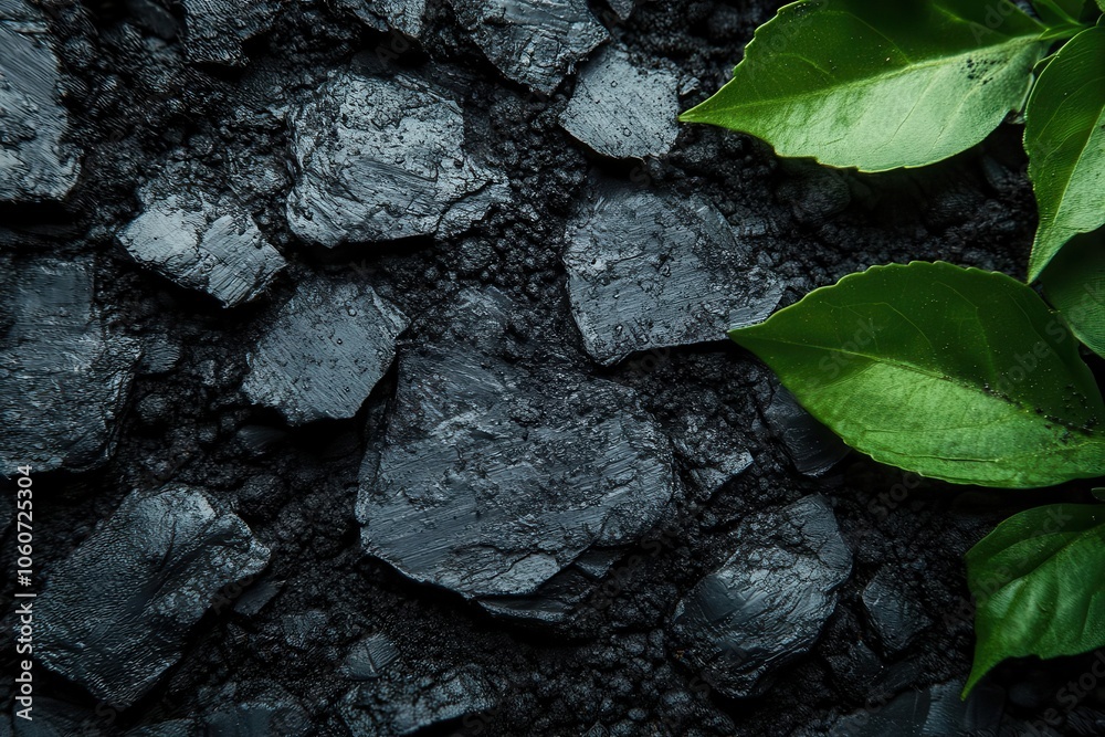closeup of rich dark organic biochar soil showcasing its unique texture and fertility surrounded by green plant roots evoking a sense of life and sustainability in agriculture