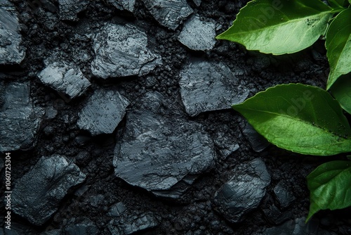 Obraz na płótnie closeup of rich dark organic biochar soil showcasing its unique texture and fertility surrounded by green plant roots evoking a sense of life and sustainability in agriculture w salonie