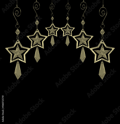 Abstract golden hanging stars on a black background