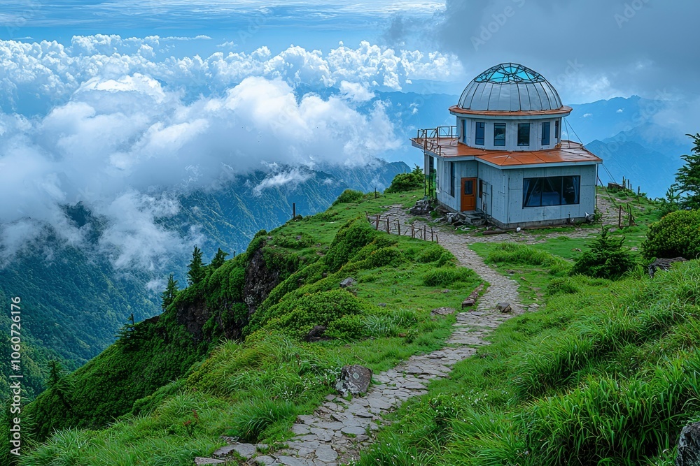 Obraz premium A Small Building Perched on a Mountaintop with Cloudy Skies