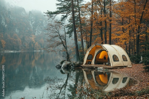 Wallpaper Mural Illuminated Tent on a Misty Lake in Autumnal Forest Torontodigital.ca
