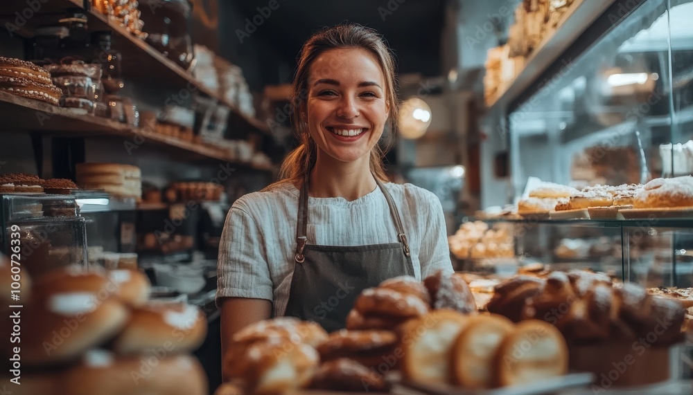 Smiling female baker serving a customer in her cozy bakery shop Smiling female baker serving a customer in her cozy bakery shop