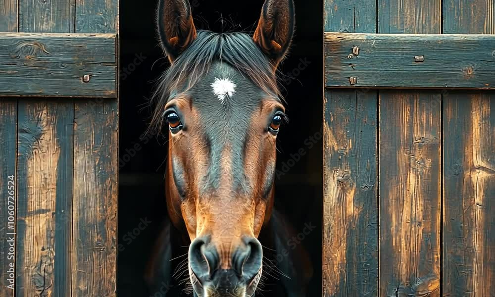 A horse peering through a rustic wooden stable door.