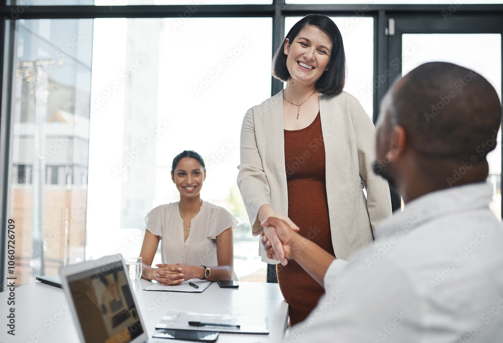 Fototapeta premium Woman, man and handshake in office for meeting, business and introduction with smile at tech. People, happy and hand gesture in workplace for agreement, proposal and welcome for onboarding in company