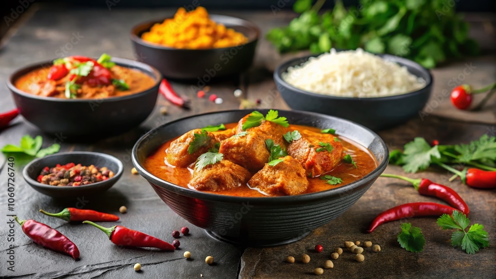 Spicy Chicken Curry in Black Bowl with Fresh Herbs and Rice - Perfect for Food Lovers and Culinary Enthusiasts Spicy Chicken Curry in Black Bowl with Fresh Herbs and Rice - Perfect for Food Lovers and Culinary Enthusiasts