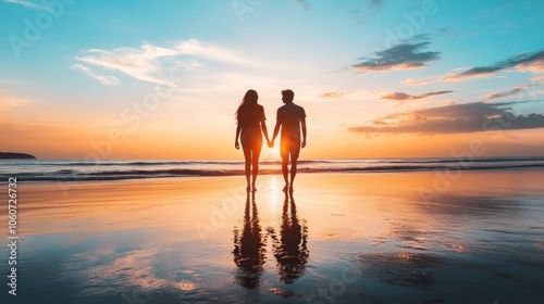 Silhouettes of a couple holding hands, walking on a beach at sunset. Reflections in the water.