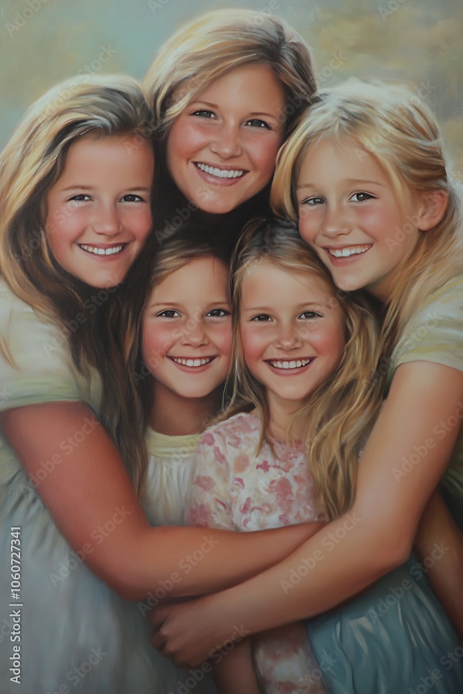Four Sisters Smiling and Hugging in a Painting Four Sisters Smiling and Hugging in a Painting