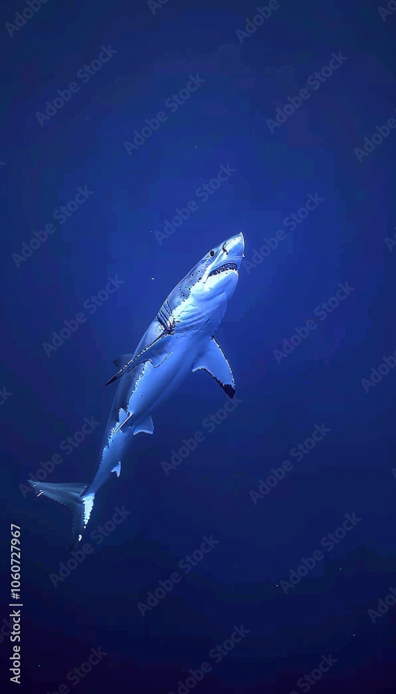 Fototapeta premium A great white shark ascends from the deep blue ocean, evoking awe and thalassophobia in viewers.