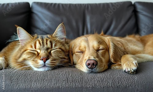 A cat and dog peacefully sleeping side by side on a couch.
