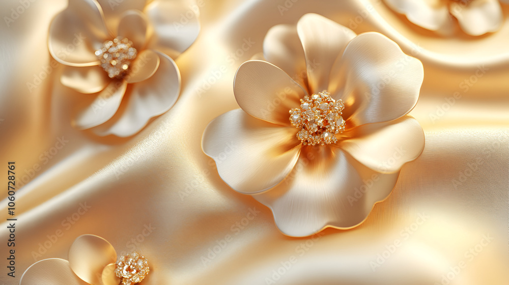 golden silk background , 3D Golden Flowers Texture Wallpaper , flowers background with text space , Golden Flowers 3D Jewelry Wallpaper with Golden Diamonds and Floral Decoration
