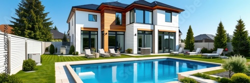 Wallpaper Mural Modern luxury villa, swimming pool, contemporary architecture, landscaped garden, large windows, wood accents, outdoor living space, sunny day, blue sky, tranquil setting, high-end real estate, panora Torontodigital.ca