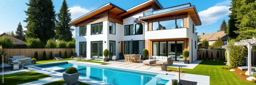 Fototapeta premium Modern luxury villa, swimming pool, contemporary architecture, landscaped garden, large windows, wood accents, outdoor living space, sunny day, blue sky, tranquil setting, high-end real estate, panora
