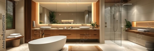 Luxurious modern bathroom, freestanding bathtub, large mirror with LED lighting, glass shower enclosure, wooden accents, warm ambient lighting, minimalist design, spacious layout, high-end fixtures, n