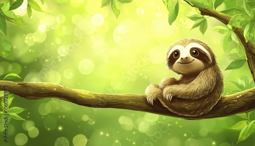 Cute cartoon sloth relaxing on a branch with space for custom text above photo