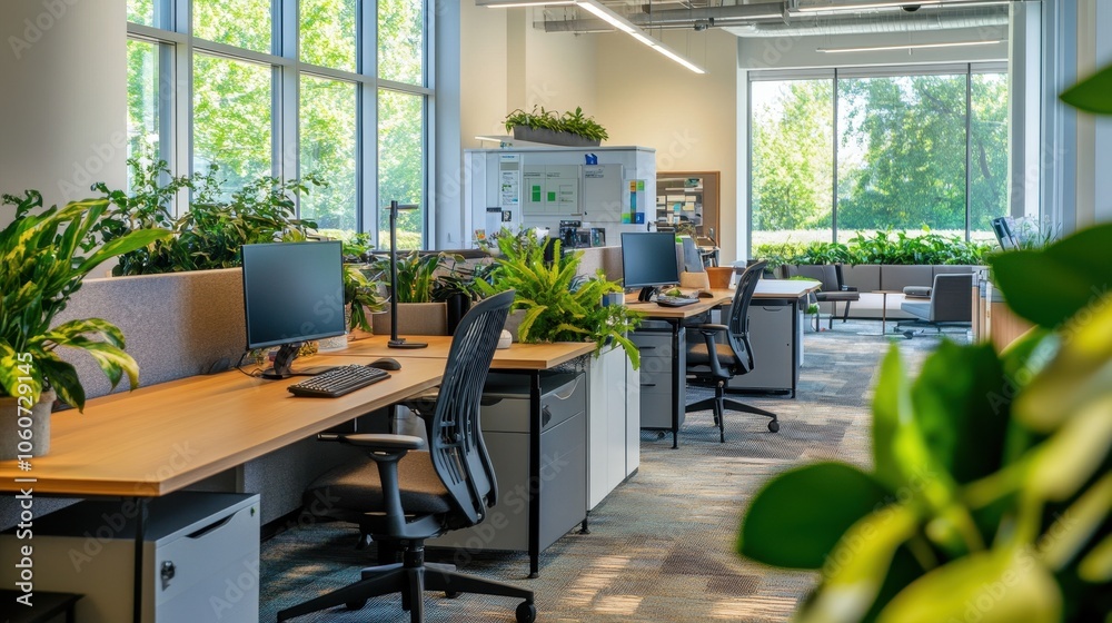 Modern and Sustainable Office Space with Lush Greenery Modern and Sustainable Office Space with Lush Greenery