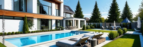 Wallpaper Mural Modern luxury villa, swimming pool, contemporary architecture, landscaped garden, large windows, wood accents, outdoor living space, sunny day, blue sky, tranquil setting, high-end real estate, panora Torontodigital.ca