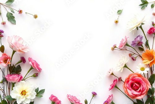 Floral frame made of fresh flowers on a white background, floral background , flower backdrop