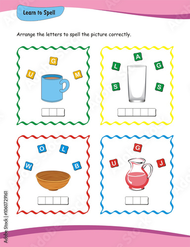 Learn to spell worksheet. With this worksheet, children in nursery and kindergarten will have the opportunity to practice spelling essential words like mug, glass, bowl, and jug.