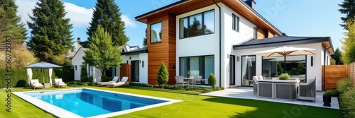 Modern luxury villa, swimming pool, contemporary architecture, landscaped garden, large windows, wood accents, outdoor living space, sunny day, blue sky, tranquil setting, high-end real estate, panora