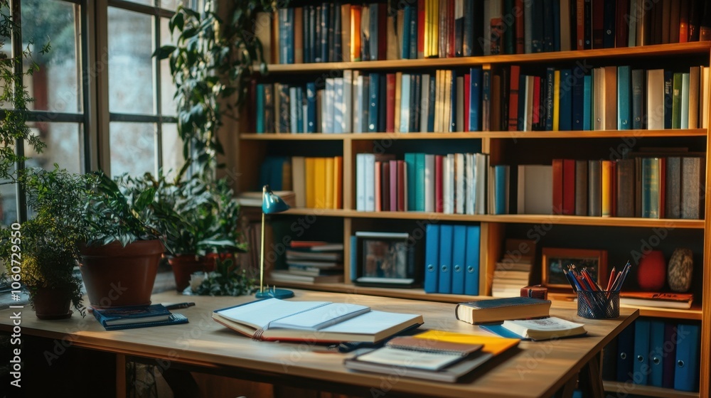 Cozy Home Library with Wooden Bookshelves and Desk Cozy Home Library with Wooden Bookshelves and Desk