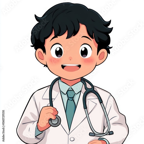 A smiling young boy cartoon doctor holding a stethoscope.