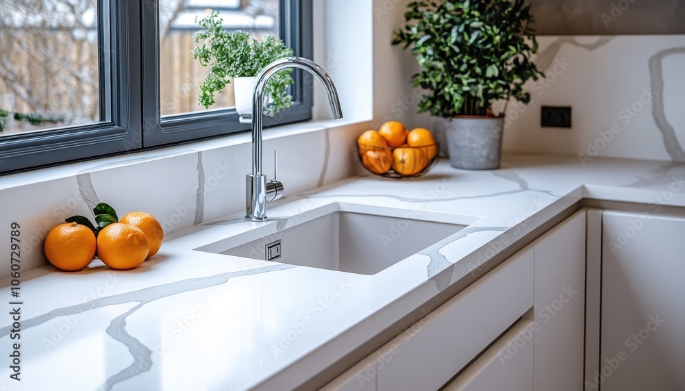 Stylish white minimalistic kitchen with quartz countertop and vibrant oranges Stylish white minimalistic kitchen with quartz countertop and vibrant oranges