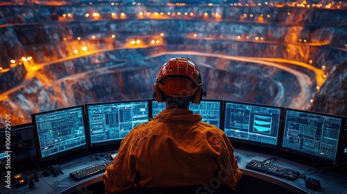 A mining engineer in protective gear oversees a mining operation at dusk, using advanced computer systems to monitor processes within a vast illuminated quarry. photo