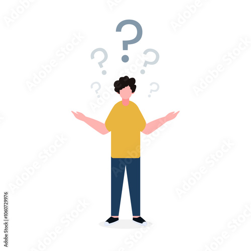 Vector illustration of a man surrounded by question marks, expressing confusion or uncertainty. Ideal for concepts like doubt, decision-making, or problem-solving in business and personal