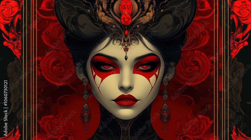 Dark queen with red makeup and elaborate crown in gothic style Dark queen with red makeup and elaborate crown in gothic style
