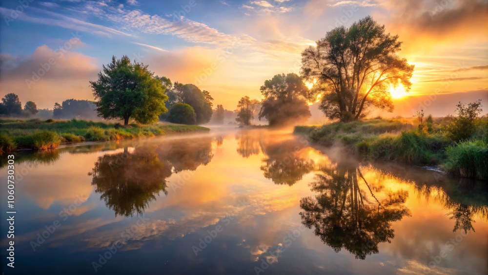 Obraz premium Golden sunbeams paint the sky as dawn breaks over a tranquil lake, casting a magical reflection on the water