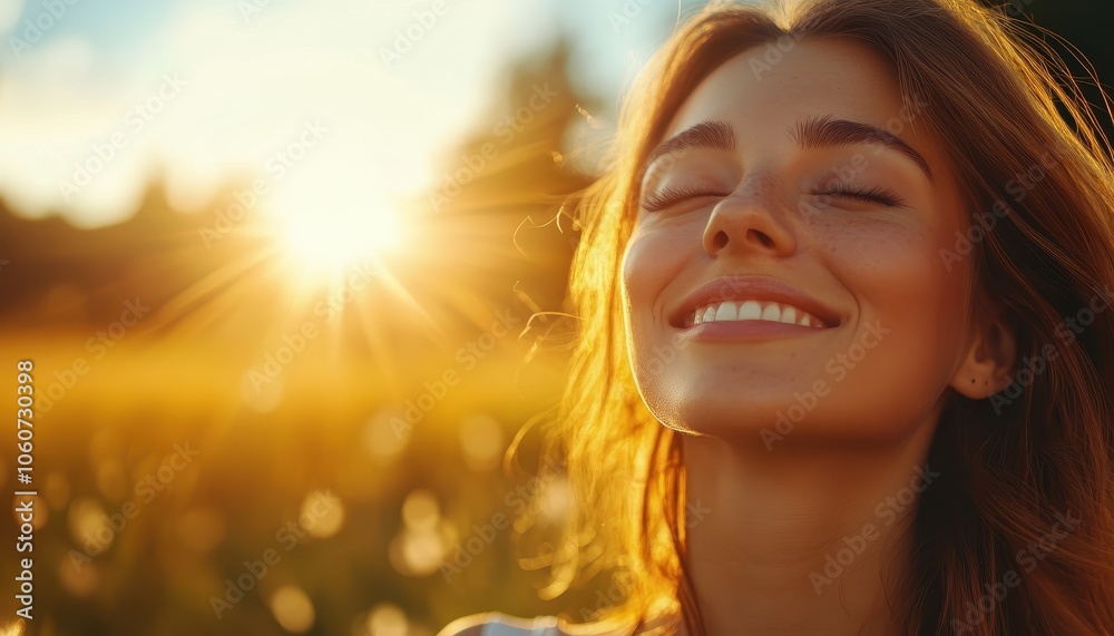 Closeup of a smiling woman basking in the warm sun during a bright day outdoors Closeup of a smiling woman basking in the warm sun during a bright day outdoors