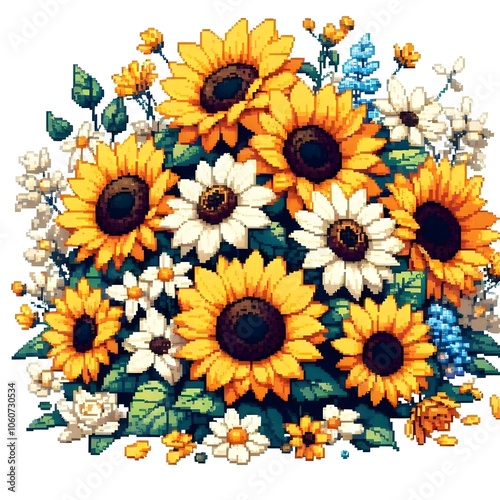 흰 배경, 해바라기, 픽셀아트 (white background, Common sunflower, pixel art)