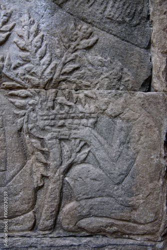 Bas-relief Sculpture at Bayon temple in Angkor Thom, Siem Reap, Cambodia.