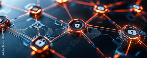 Abstract cyber network visualization with glowing connections and security icons, representing digital safety and technology advancements