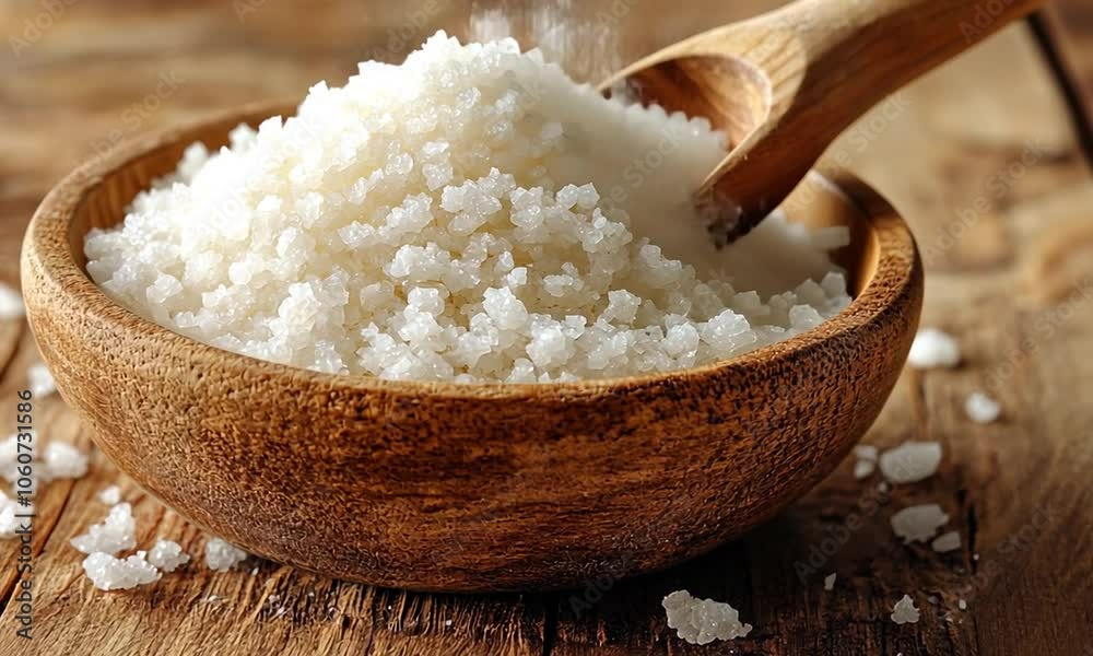 A bowl of coarse salt on a wooden surface. A bowl of coarse salt on a wooden surface.