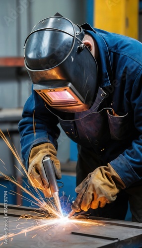 Welder Using Protective Mask to Weld Metal in a Factory Workshop. Generative AI