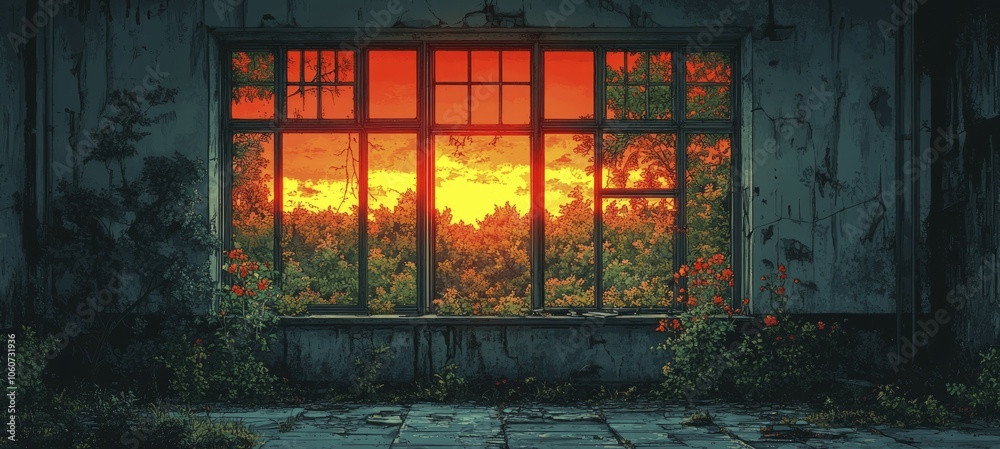 A Window View of an Orange Sunset Through a Broken Window in an Abandoned Building A Window View of an Orange Sunset Through a Broken Window in an Abandoned Building