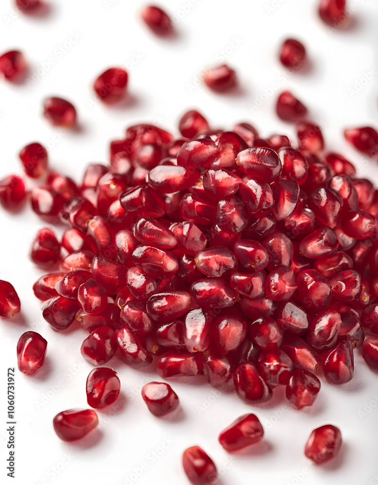 A bunch fruits of small red grains pomegranate seeds on white background. A bunch fruits of small red grains pomegranate seeds on white background.