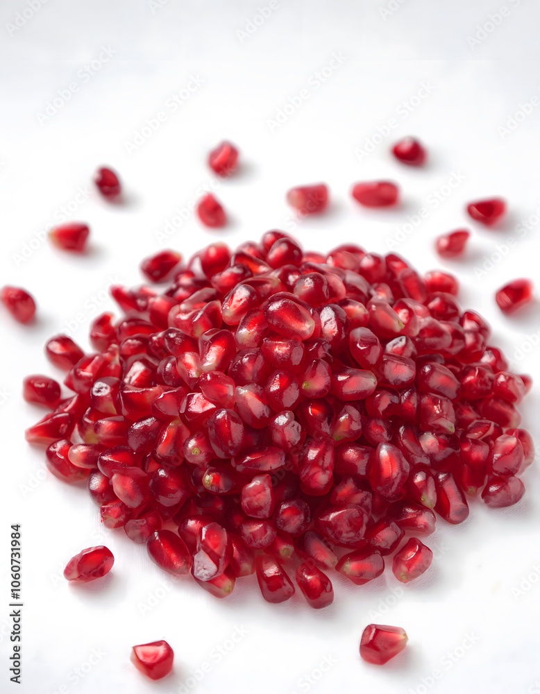 A bunch fruits of small red grains pomegranate seeds on white background. A bunch fruits of small red grains pomegranate seeds on white background.