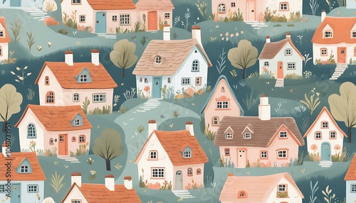 Countryside Cottage Illustration, Cozy Home Design