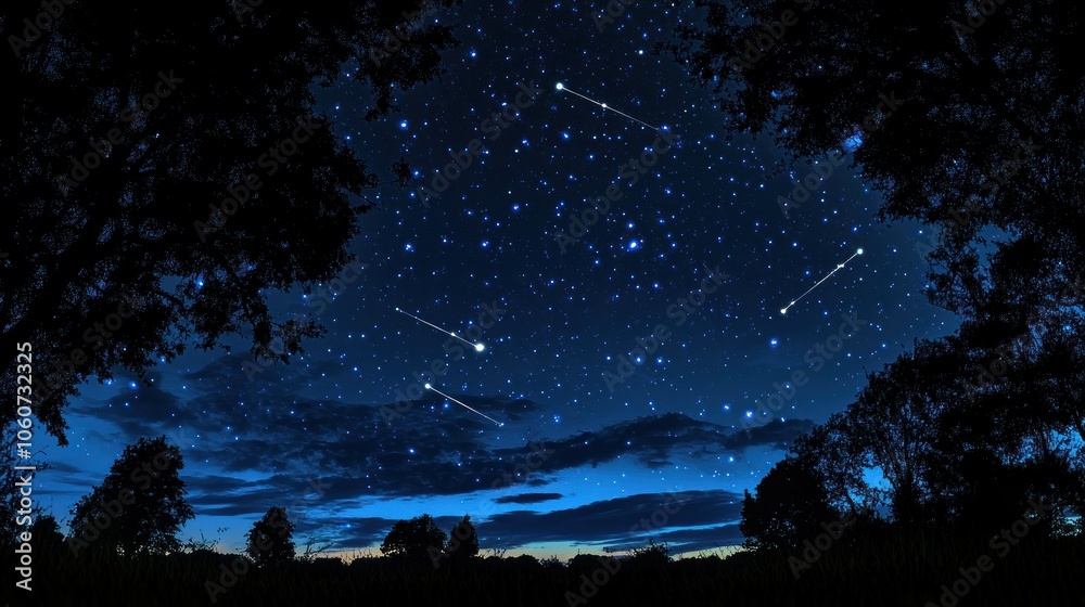 A dark blue night sky filled with stars and shooting stars. Silhouette trees are at the bottom. A dark blue night sky filled with stars and shooting stars. Silhouette trees are at the bottom.