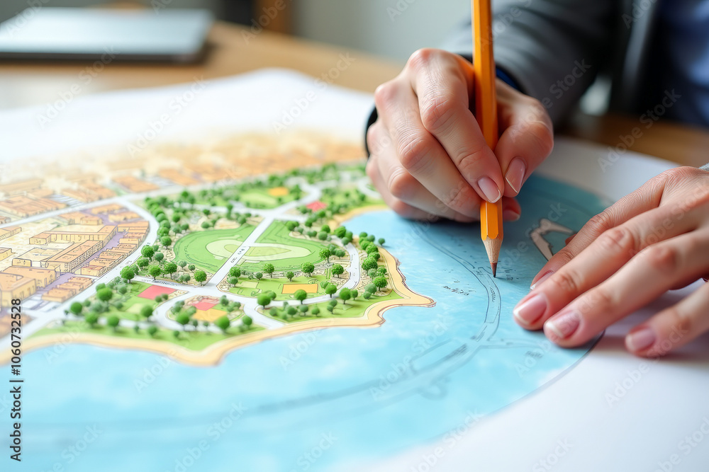 close up hand of a male architect designer draws a city park project with colored pencils close up hand of a male architect designer draws a city park project with colored pencils