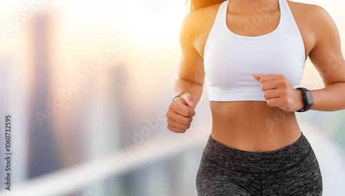 woman in sportswear running at sunset, showcasing fitness and determination. city skyline creates vibrant backdrop photo