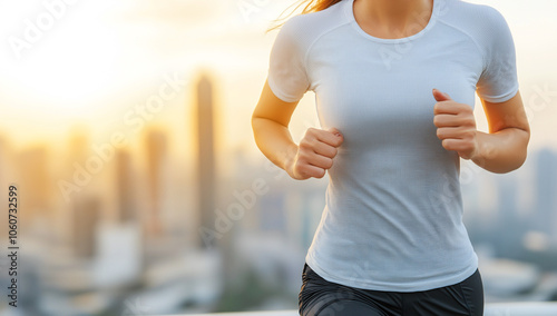 woman in sportswear running at sunset in urban environment, showcasing determination and energy. city skyline creates vibrant backdrop photo