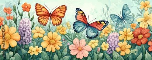 Colorful butterflies amidst vibrant flowers in a serene garden setting.