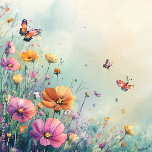Colorful flowers with butterflies in a vibrant, dreamy garden scene.