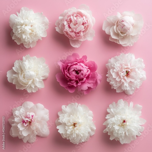 Wallpaper Mural Assorted white and pink peony flower heads arranged on a soft pink background Torontodigital.ca