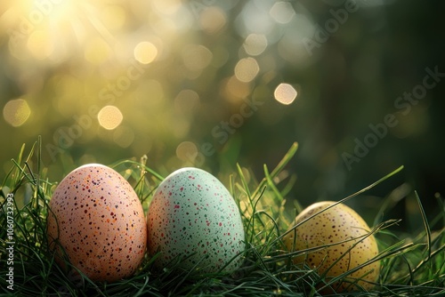 Three Speckled Easter Eggs Nestled in Lush Green Grass photo